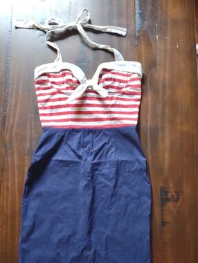 envy Navy Blue and Red Striped Halter Midi Dress